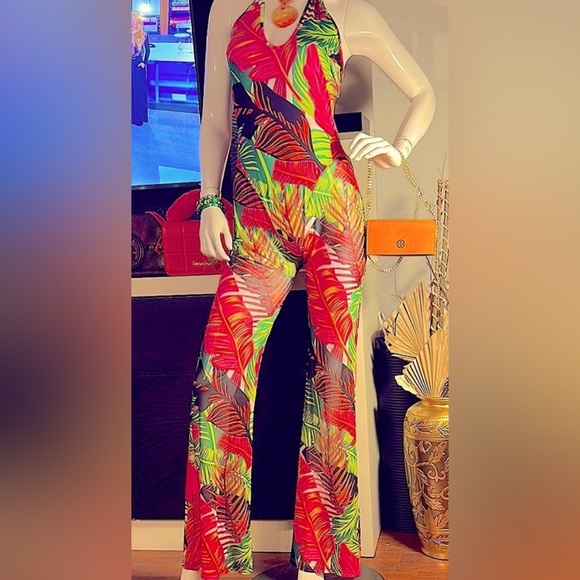 Pants - Tropical Print Halter Jumpsuit